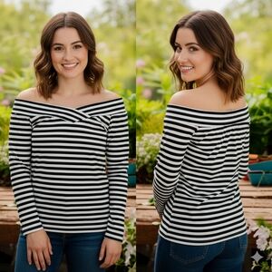 Black and White Striped Off-Shoulder Top